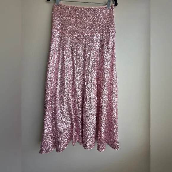 Norma Kamali Pink Sequin Midi Skirt - Rose Gold High Waisted Flare - Picture 7 of 8